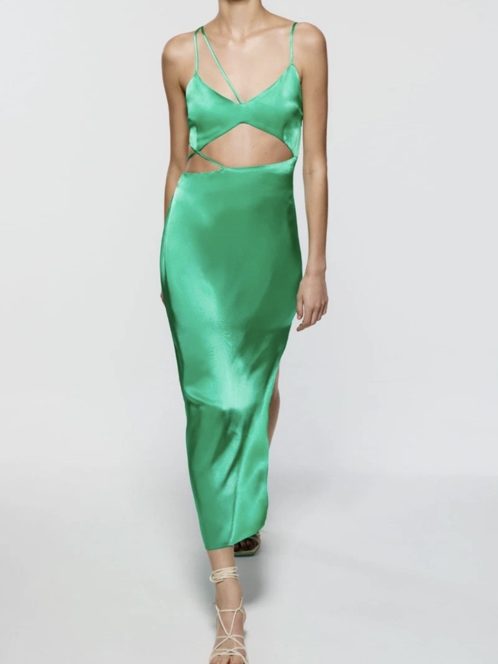Zara Strappy Cutout Satin Slip Dress in Emerald Green  Size S ( Feels like XS)